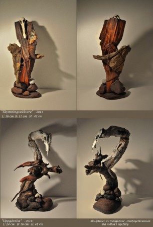 "Skymningsväktare" & "uppgörelse"- wood and stone sculptures